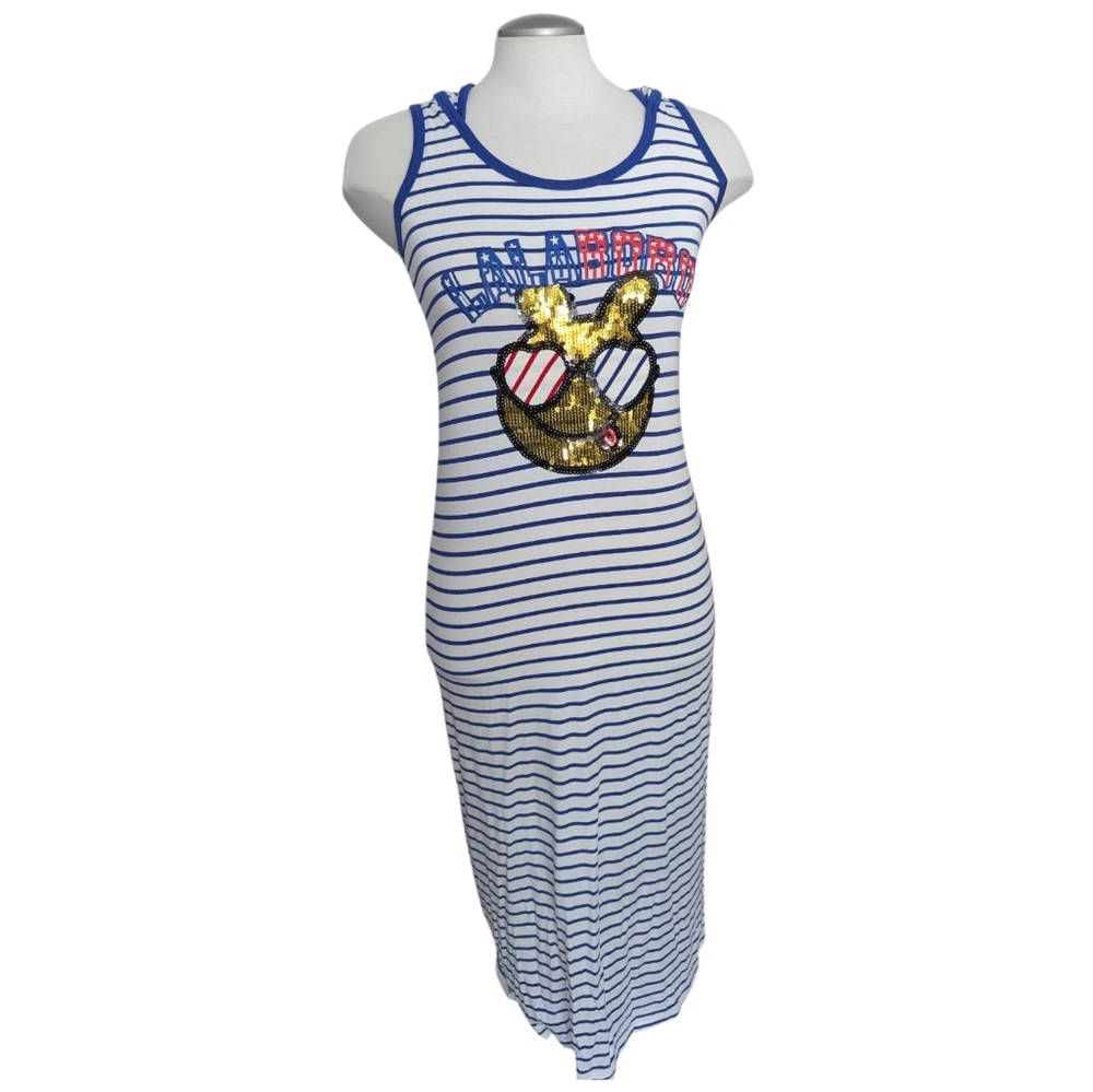 LALABOBO Blue & White Striped Maxi Dress Size Large Hood with Sequin Details